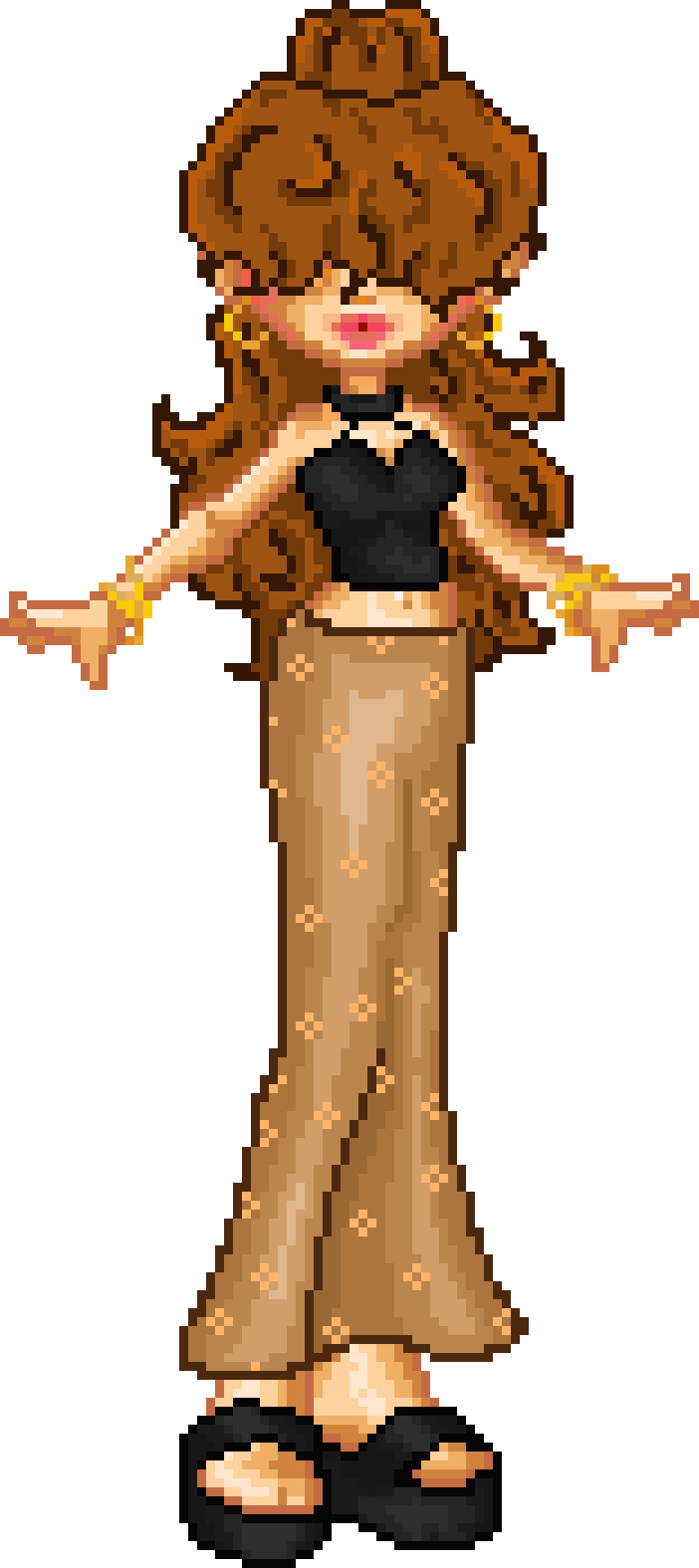 A pixel doll with long brown curly hair in a ponytail, and the bangs 
                                 covering the eyes. She is wearing a brown and floral maxi skirt, a black 
                                 halter top, black sandals, and gold jewelry.