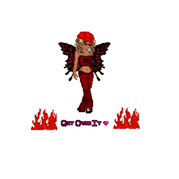 a pixel doll with an all red outfit consisting of 
                               a tube top, pants, a hat, and fairy wings. Underneath the doll are two flame graphics and text reading 
                               "get over it"