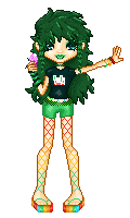 A pixel doll with green scene hair, green makeup, a rabbit tshirt, green 
                             shorts, rainbow fishnets, rainbow platform sandals, various accesories, and 
                             a sparkly pink flip phone.
