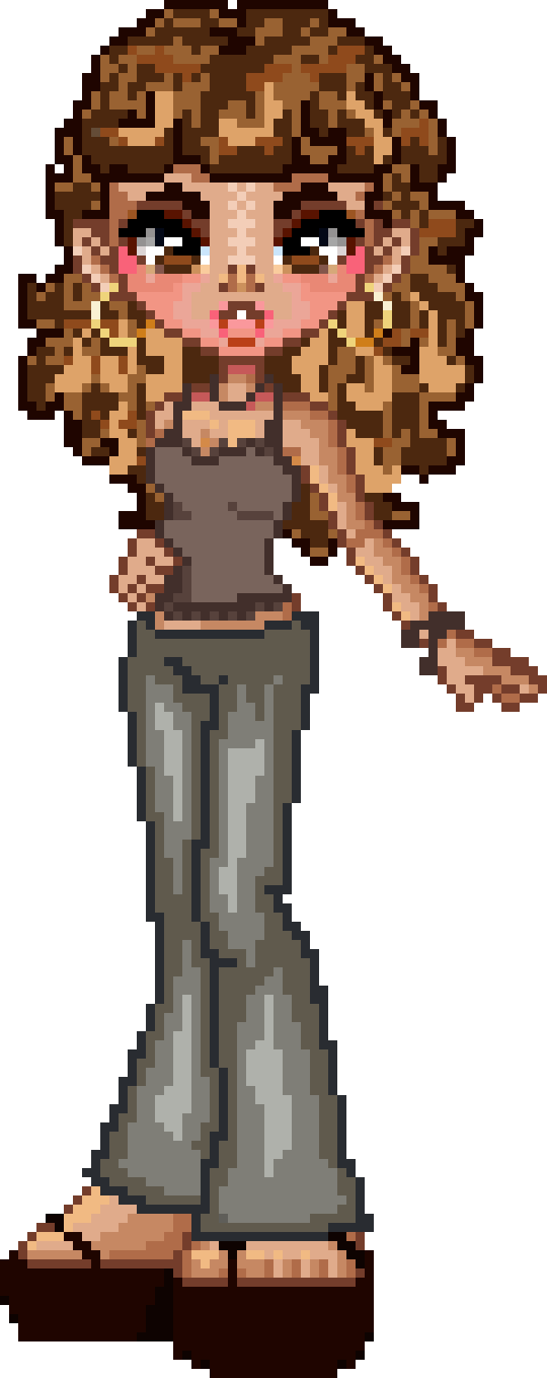 A pixel doll representing myself. It has brown curly hair and tan skin. 
                              It is wearing a brown lacy tank, grey flared jeans, dark brown platform sandals, 
                              a brown bracelet and necklace, and gold hoop earrings.